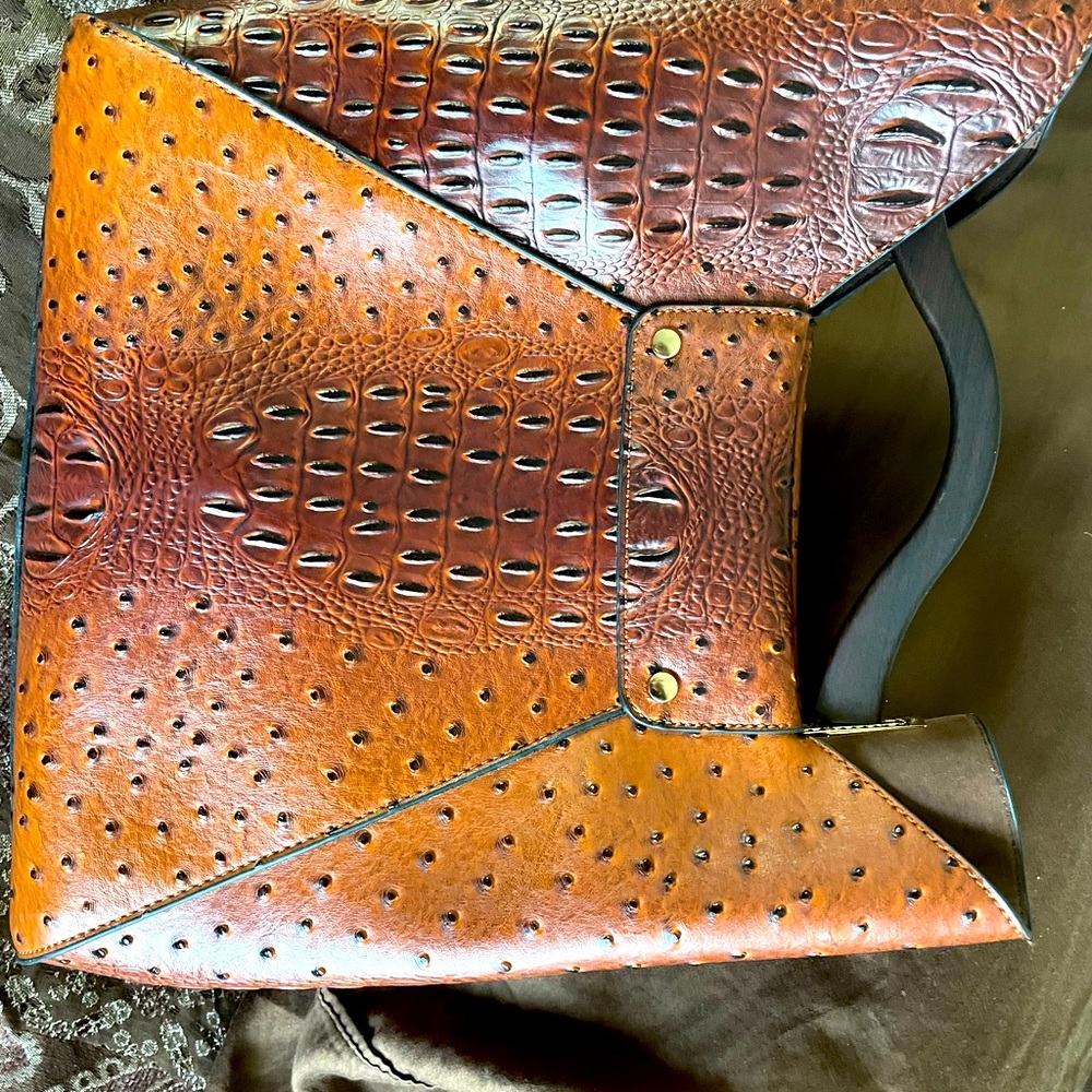 Brown Ostrich textured leather PETA Approved handbag